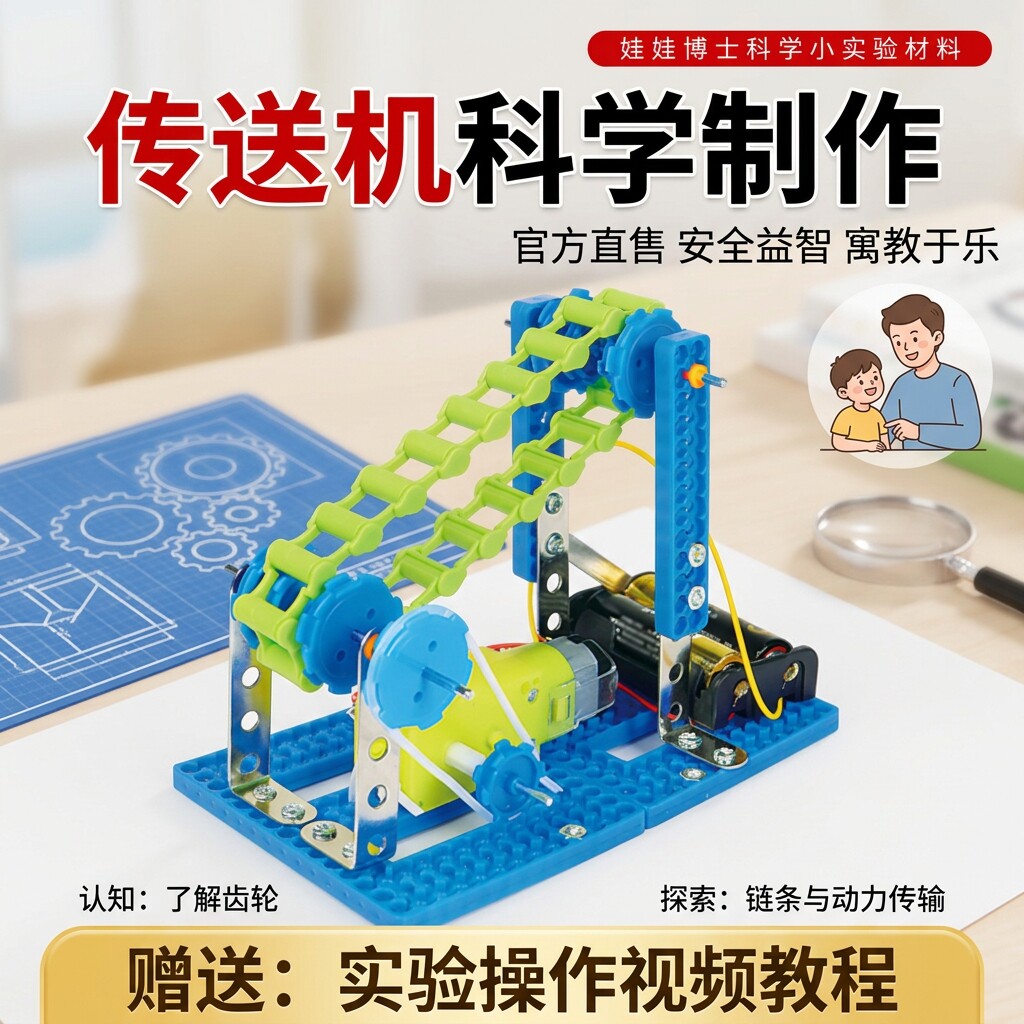 科学小实验皮带传送机小学生手工发明材料儿童科技小制作齿轮教具