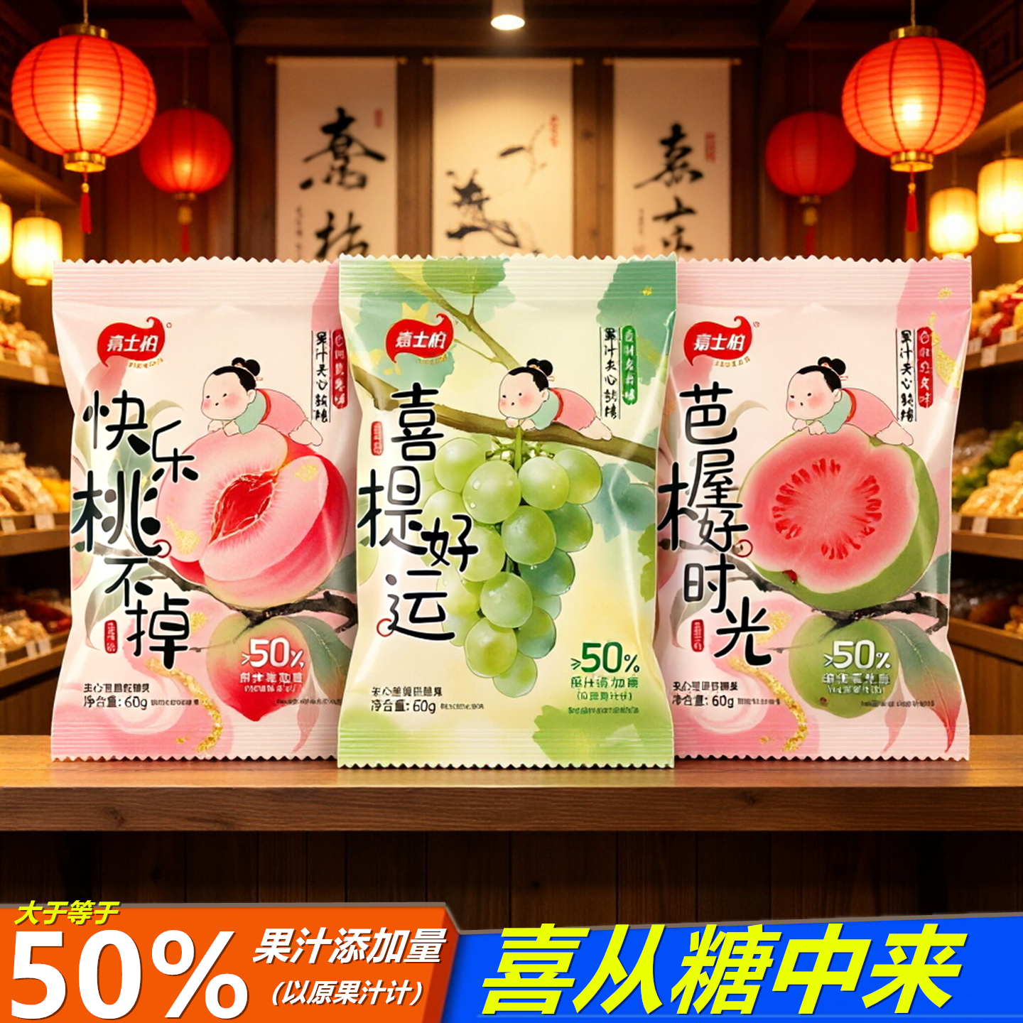 嘉士柏果汁软糖 50%添加儿童学生糖果白桃乌龙青提龙井芭乐红茶味