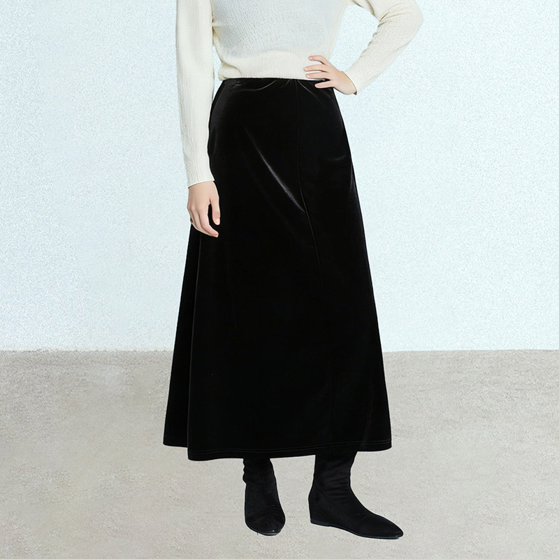 2025新款复古丝绒半身裙女黑色流光老钱风通勤中长裙气质时尚百搭