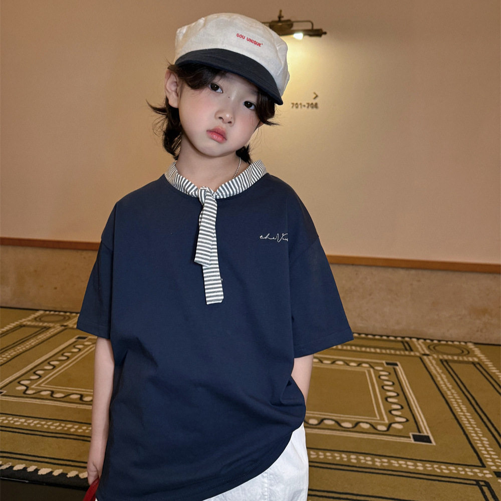 奶酪与喵男童T恤2026夏季新款儿童条纹领结T恤韩系休闲宽松短袖潮