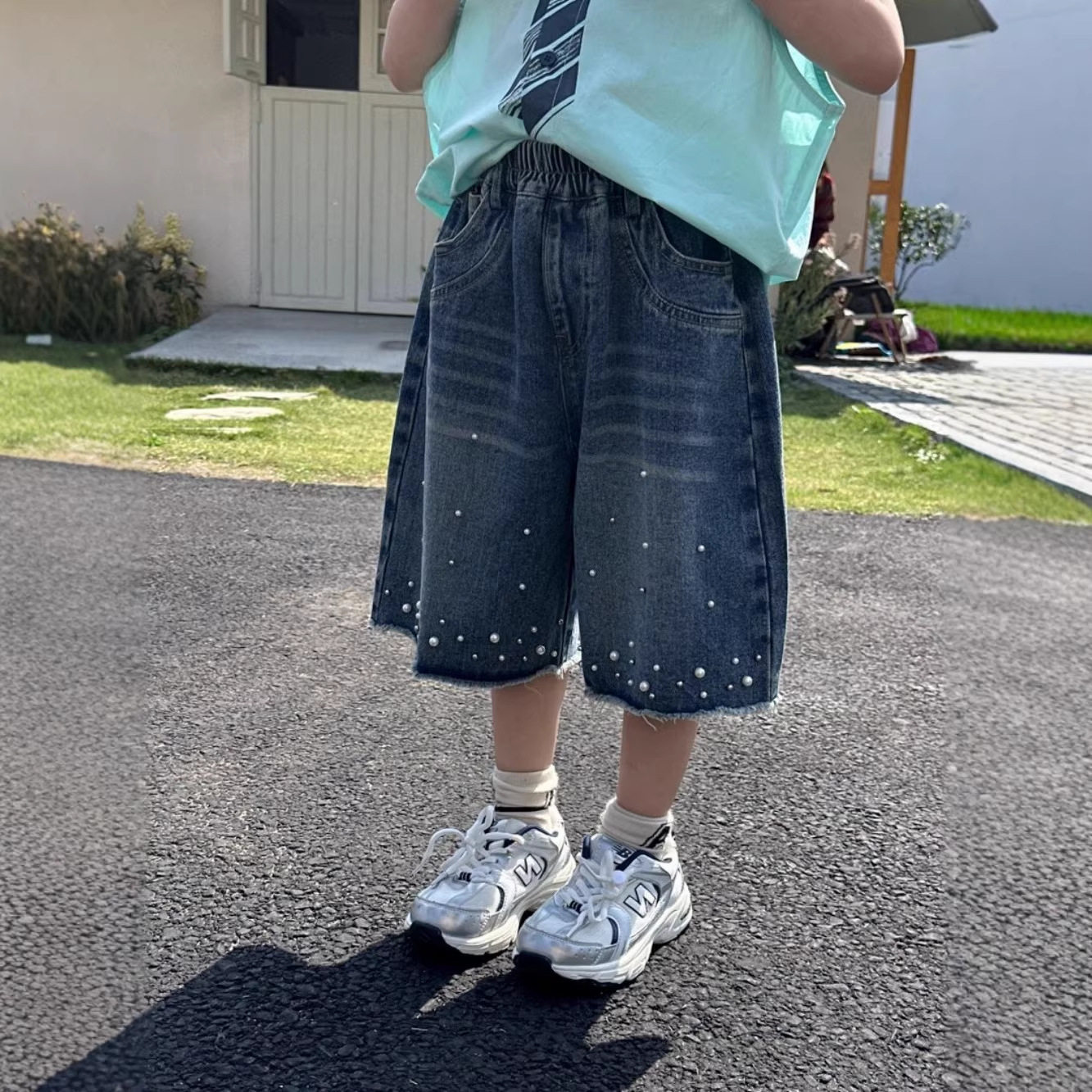 童装夏季新款牛仔半川2026潮酷男童破洞毛边短裤童装珍珠五分裤