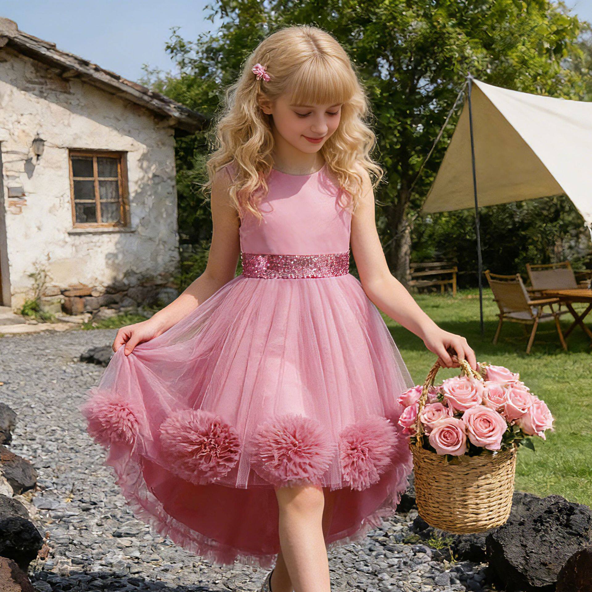 亚马逊新款儿童礼服公主裙女童花朵拖尾礼服裙钢琴表演蓬蓬裙现货