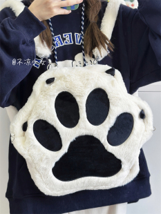 丑萌搞怪猫爪双肩包日系ins大容量少女毛绒包可爱卡通小众斜挎包
