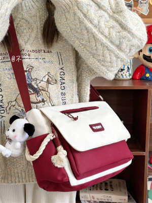 撞色休闲斜挎包女日系ins大容量复古百搭邮差包男学生上课帆布包