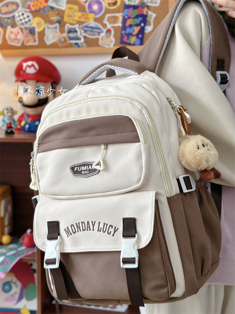 日系初中生撞色大容量书包女高中学生复古百搭双肩包电脑旅行背包