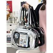 Y2K银色谷子透明斜挎包日系学院风少女PU单肩包扎板吧唧痛包娃包