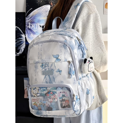 新中式国风蝴蝶书包灯芯绒大容量学生双肩包水墨印花复古扎板痛包