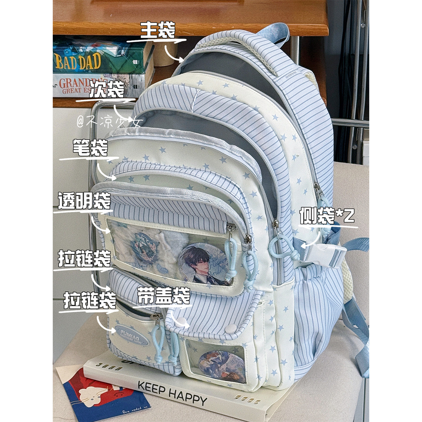 可爱星星条纹初中生书包高中学生多层大容量双肩背包透明痛包娃包