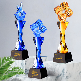 水晶奖杯定制定做琉璃奖杯定制创意五角星握手奖座年会优秀员工奖