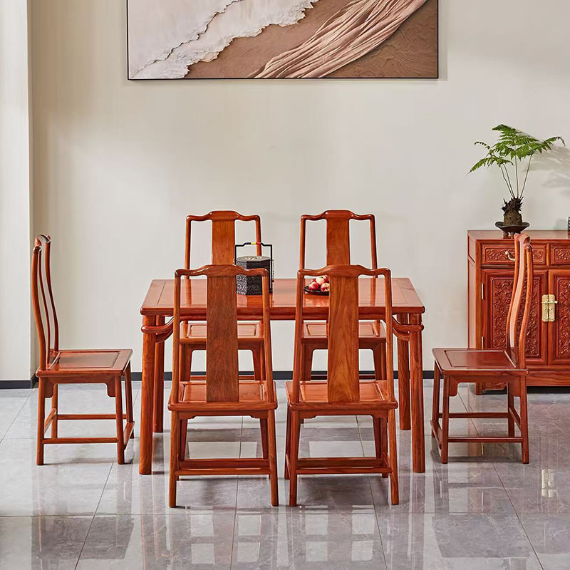 缅甸花梨圆包圆餐桌七件套新中式客厅全实木餐桌椅组合红木家具