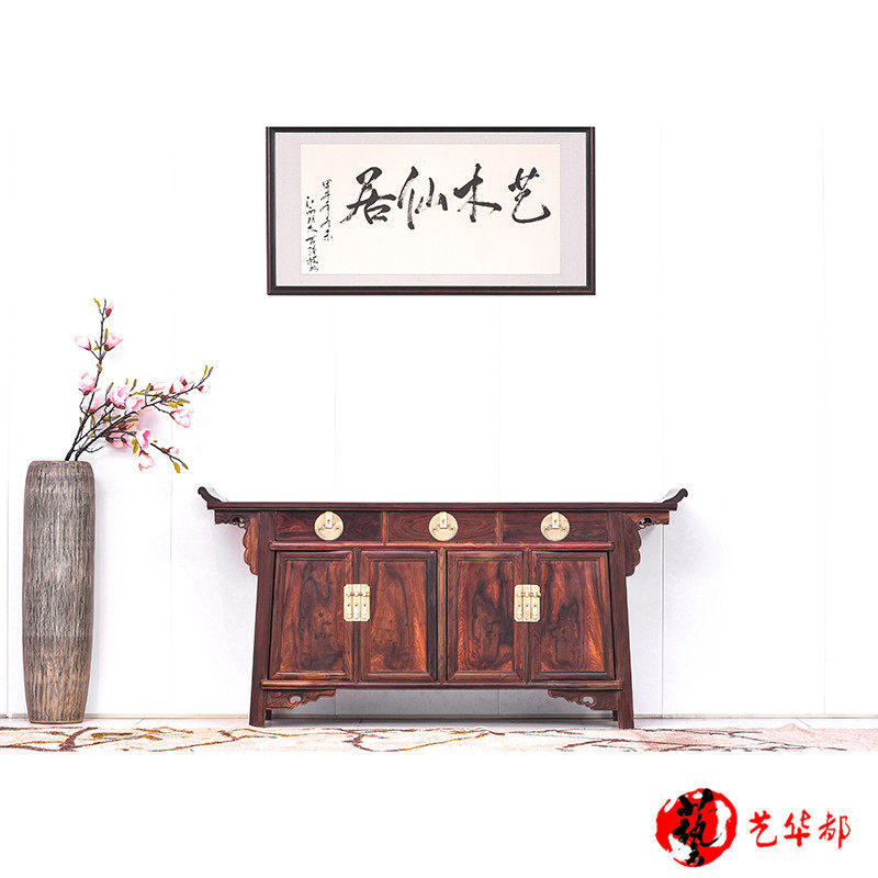 交趾黄檀翘头明式三联柜大红酸枝玄关柜红木橱柜红木展示柜地柜