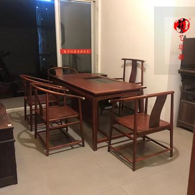 红木家具赞比亚紫檀茶桌椅组合实木中式茶艺桌办公室茶台一桌五椅