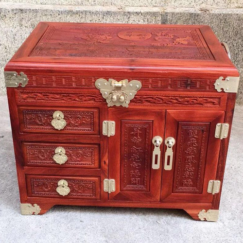 血檀实木首饰盒红木梳妆镜箱实木首饰收纳雕花饰品珠宝箱结婚送礼