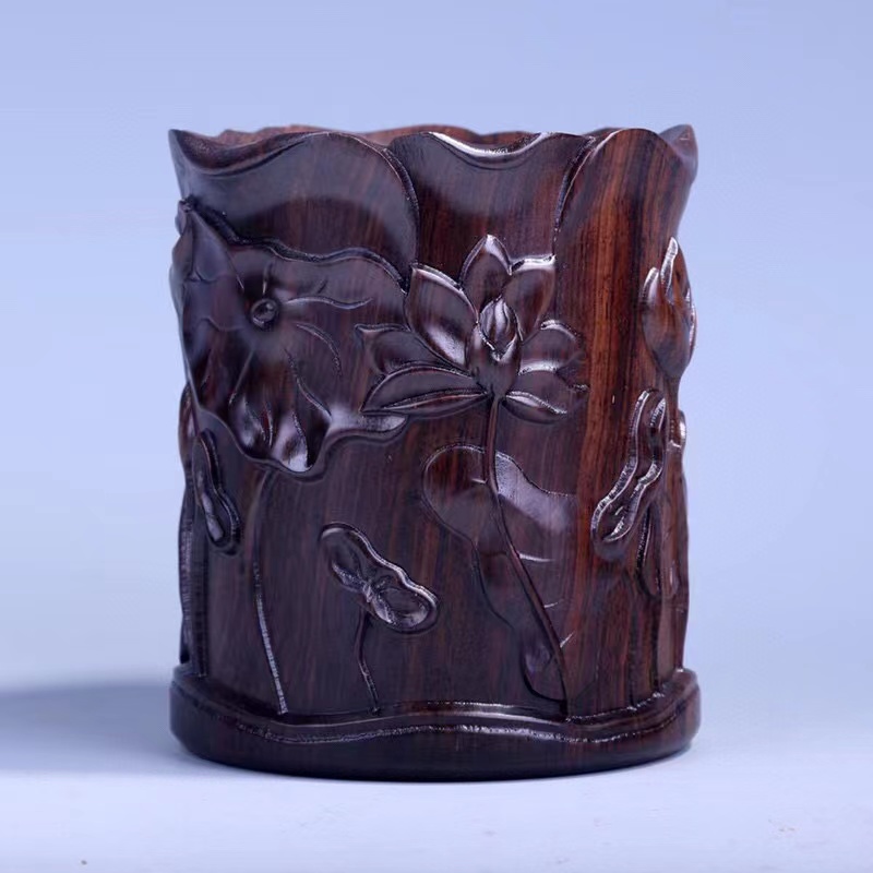 黑檀木雕荷花木质笔筒工艺品办公室书桌家居中式笔筒摆件商务送礼