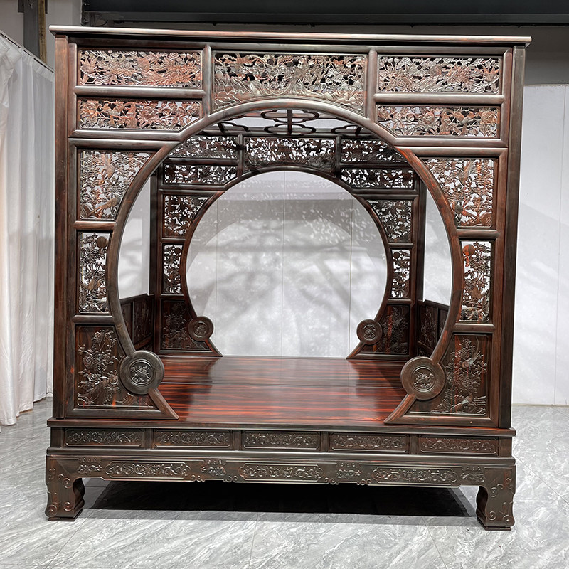 红木家具大红酸枝月洞门花鸟公主床中式明清古典交趾黄檀架子床