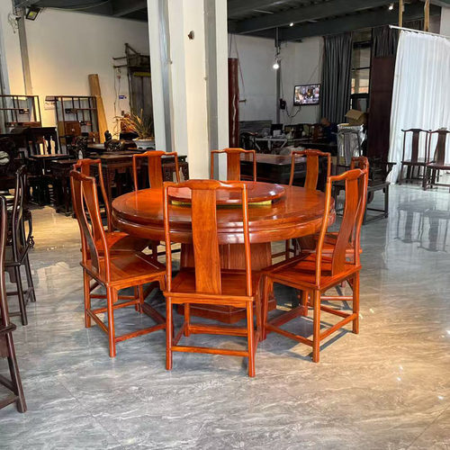 缅甸花梨明式圆餐桌九件套新中式客厅全实木餐桌椅组合红木家具
