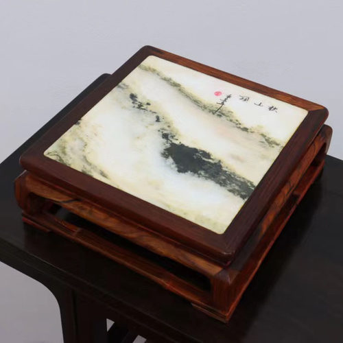 酸枝木正方形盆景花瓶底座红木嵌云石实木装饰底座文玩木雕摆件