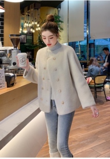 2022新款 显瘦双排扣圆领大衣 羊羔毛皮毛一体纯色外套女羊剪绒修身