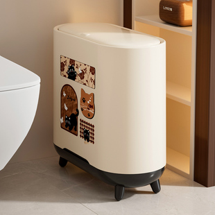 卫生间垃圾桶家用中古风夹缝厕所带盖滑轮子窄缝大号容量卧室客厅