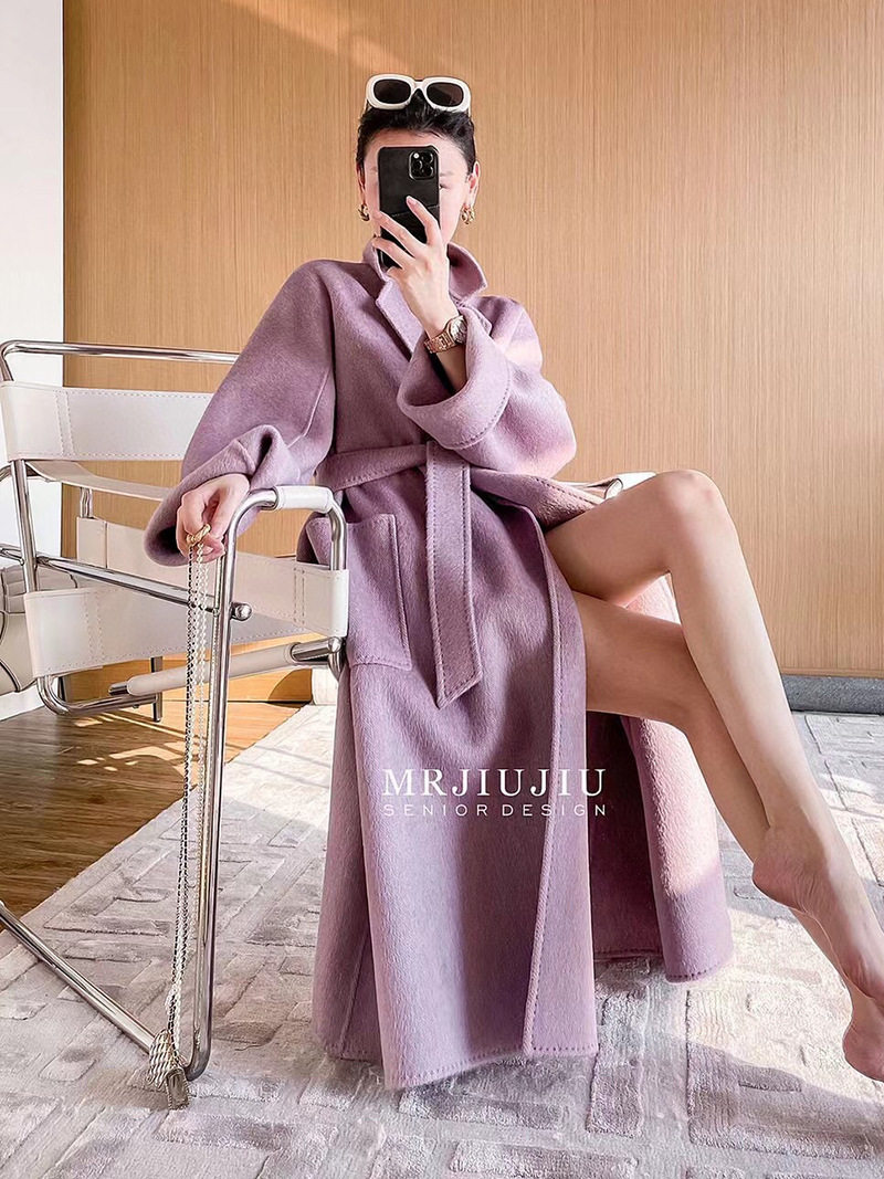 2024长毛款浴袍腰带双面羊绒大衣 经典款女式外套