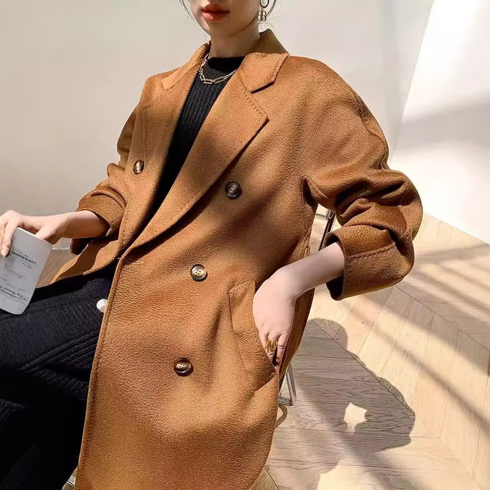 M家经典101801驼色双面水波纹羊绒大衣女2025新长款羊毛毛呢外套