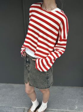 KO两色经典宽条纹棉T恤显瘦版型一字领短款宽松落肩长袖KIA