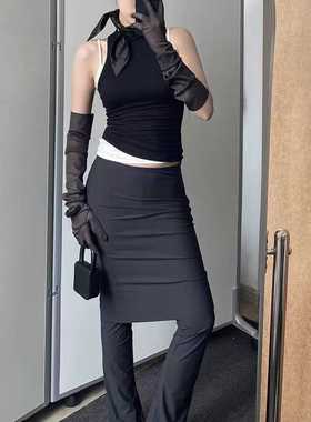 Dakiyo RARELY  假两件弹力修身微喇裤裙 黑色/深灰色/浅卡其色