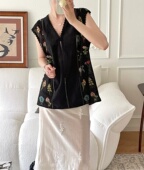 sage 黑色刺绣提花拼接V领镂空拼接无袖 背心