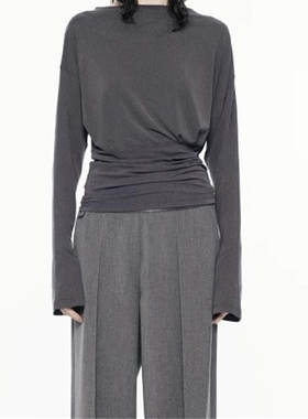 正确版 San金靖同款 船领落肩喇叭袖收腰设计长袖T恤