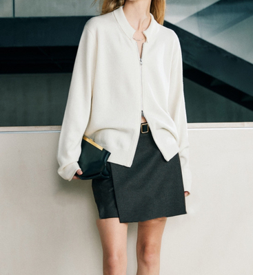 开间/高克重澳洲極细荃羊毛复古双层贝壳领双开拉链卷边针织开衫