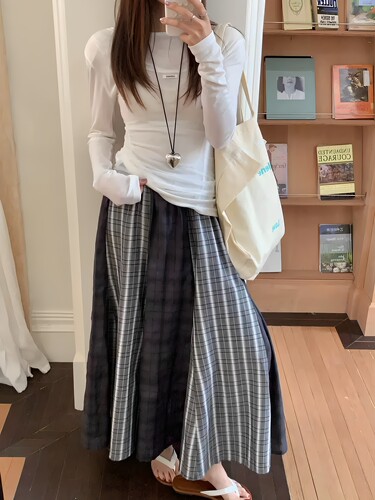 Dakiyo 条纹拼接复古格子半身裙女春季新款宽松时尚休闲百搭长裙