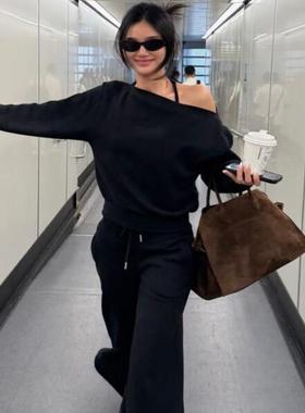 RARELY  散步系列宽松两穿露肩卫衣 黑色/花灰