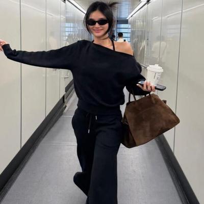 RARELY  散步系列宽松两穿露肩卫衣 黑色/花灰