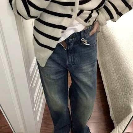 alright 正确版 076H蓝色洗水赤耳丹宁红边宽松直筒牛仔裤