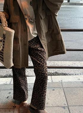 Owish 豹意思太显瘦 日本进口超细灯芯绒加厚/绒微喇豹纹印花长裤