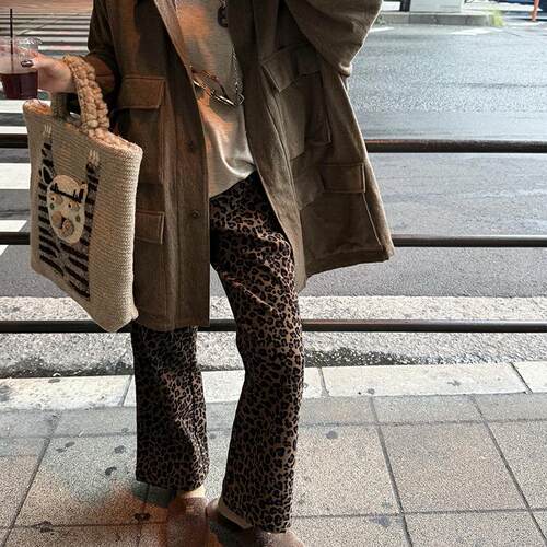 复古豹纹高腰显瘦直筒休闲裤