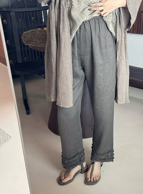 Owish[山林精灵]不可多得的灵动亚麻花边休闲裤显瘦百搭实穿