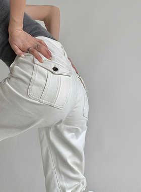 现货PAPE裤子爆款阔腿长裤高腰直筒宽松白色牛仔裤 2025年新款女