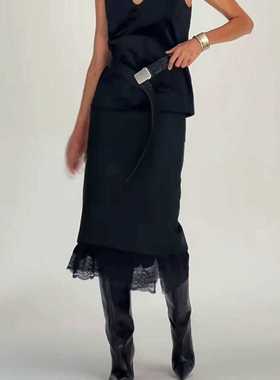 ECHOADE时髦行走 精纺羊毛 中高腰下摆不对称设计蕾丝拼接半身裙