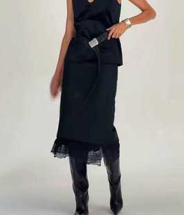 ECHOADE时髦行走 精纺羊毛 中高腰下摆不对称设计蕾丝拼接半身裙