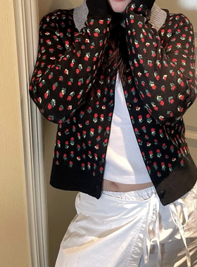 【现货】alright春日碎花提花圆领修身短款叠搭羊毛针织开衫毛衣