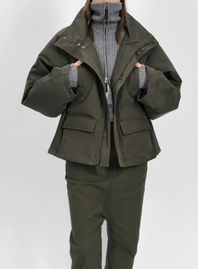 RA 正确版面料还原A型立领多口袋短款收腰防风棉服 黑色/深卡其绿