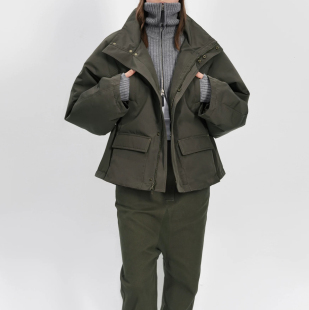 收腰防风棉服 正确版 面料还原A型立领多口袋短款 深卡其绿 黑色