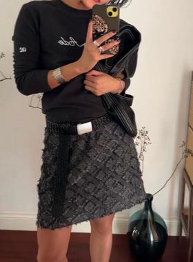 ECHOADE时髦精致 剪花流苏工艺 格纹肌理视觉层次感松紧腰半身裙