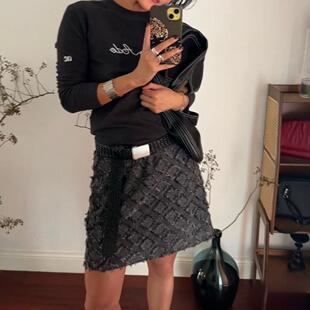 ECHOADE时髦精致 剪花流苏工艺 格纹肌理视觉层次感松紧腰半身裙