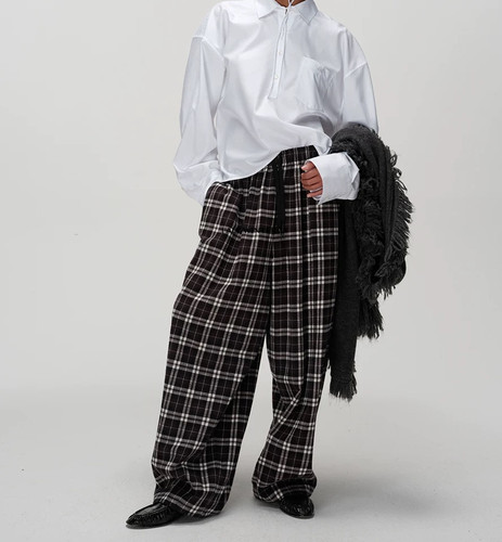 ECHOADE精选加厚磨毛荃棉材质 黑白格宽松阔腿裤