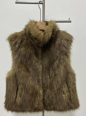 正确版RA小众设计 秋冬上新短款环保皮草马甲外套 卡其