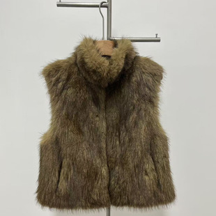 正确版RA小众设计 秋冬上新短款环保皮草马甲外套 卡其