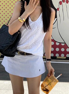 ECHOADE时髦低腰Stripe Mini Pantskirt 酷飒条纹超短裙A字型裙裤