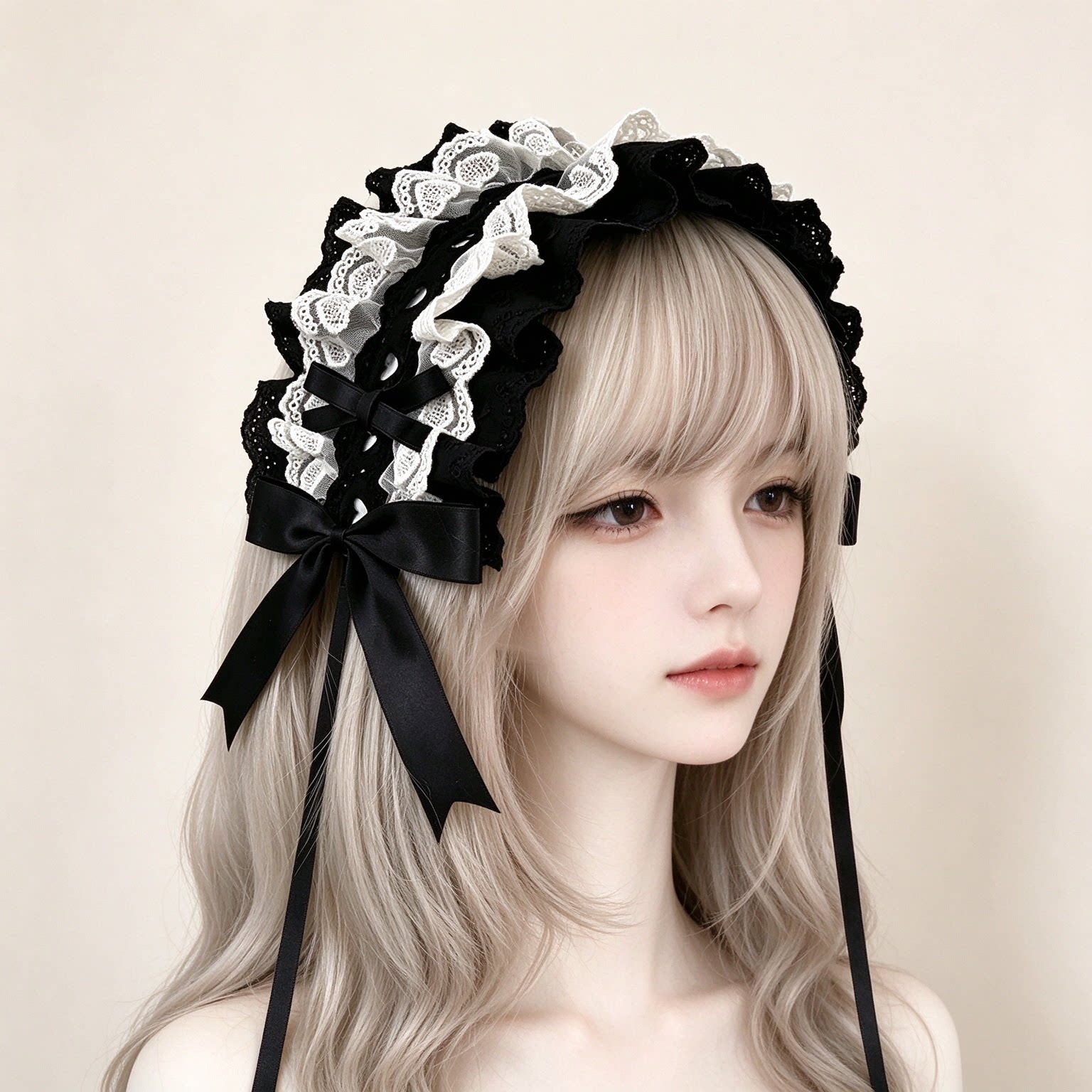 Lolita黑白蕾丝花边发箍复古大蝴蝶结长飘带哥特风女仆 lo裙头饰
